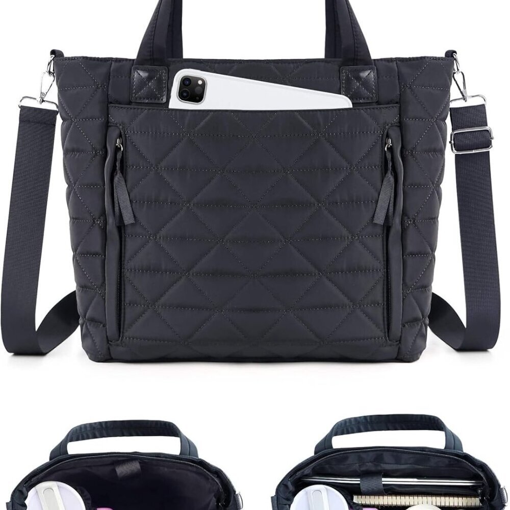 Women Puffer Tote Bag Nylon Quilted Travel Work Shoulder Tumbler Holder
